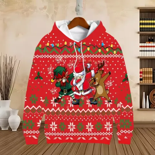 Elf and Reindeer Christmas Hoodie Santa Funny Ugly Holiday Jumper Gift for Adult