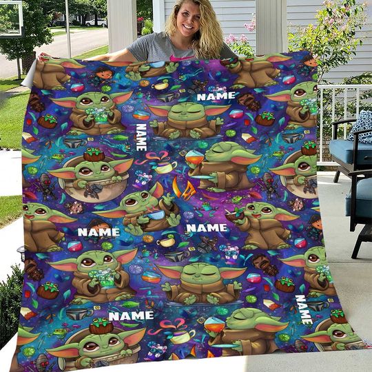Personalized Baby Grogu Fleece Blanket, Starwars Fleece Blanket For Bed Couch Sofa, Birthday Gift