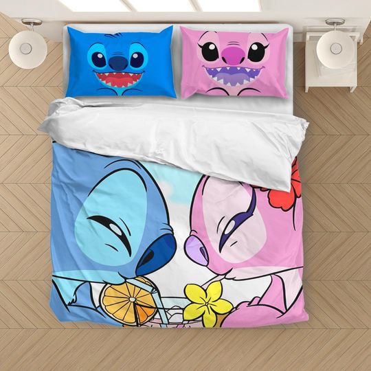 Cartoon Gift Cute Stitch & Angel Bedding Set | Cartoon Bedding Set | Gift For Kids