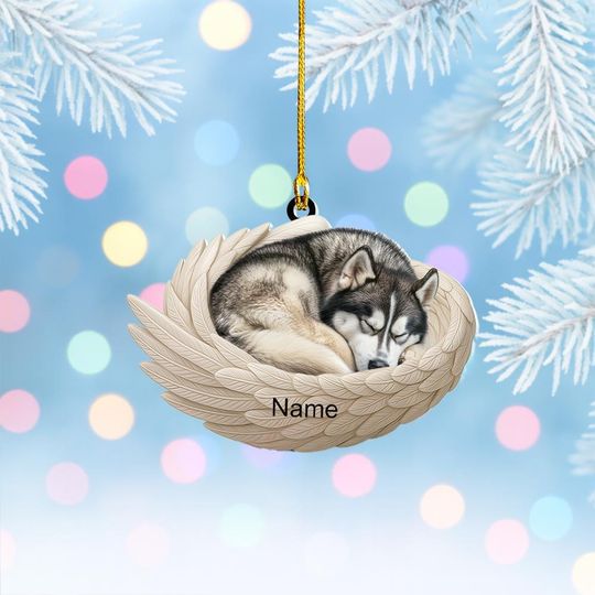 Discover Personalized Alaskan Malamute Dog Sleeping Angel Wings Ornament, Alaskan Christmas Ornament Decor, Dog Car Ornament, Dog Xmas Gift NN1-600