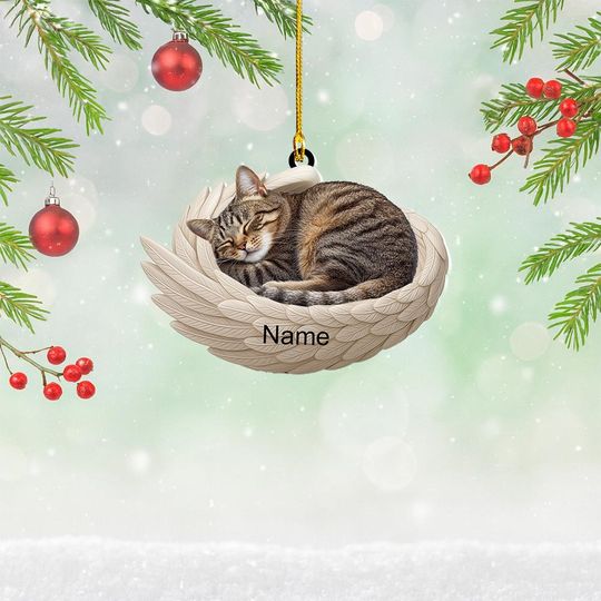 Personalized Tabby Cat Sleeping Angel Wings Ornament, Tabby Cat Christmas Ornament Decor, Tabby Cat Flat 2D Ornament, Cat Xmas Gift