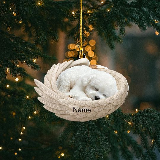 Discover Personalized Bichon Frise Dog Sleeping Angel Wings Ornament, Dog Christmas Ornament Decor, Dog Car Ornament, Dog Xmas Gift NN1-615
