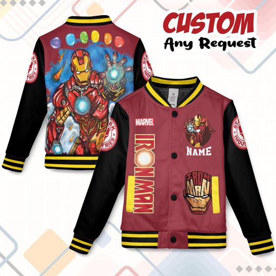 Personalized Iron Man Varsity Jacket, Custom Marvel Superhero Baseball Jacket, Iron Man Kids Youth Adult Varsity Jacket