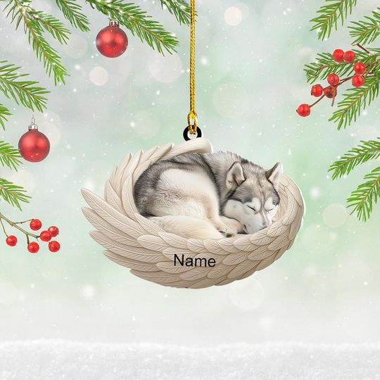 Discover Personalized Husky Dog Sleeping Angel Wings Ornament, Husky Dog Christmas Ornament Decor, Dog Flat 2D Ornament, Dog Xmas Gift