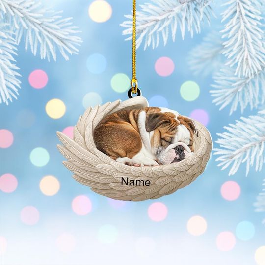 Discover Personalized English Bulldog Dog Sleeping Angel Wings Ornament, Dog Christmas Ornament Decor, Dog Flat 2D Ornament, Dog Xmas Gift