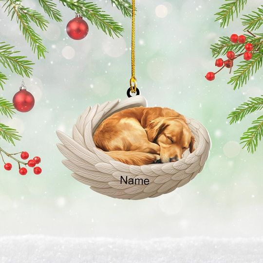 Personalized Golden Retriever Sleeping Angel Wings Ornament, Golden Dog Christmas Ornament Decor, Dog Flat 2D Ornament, Dog Xmas Gift
