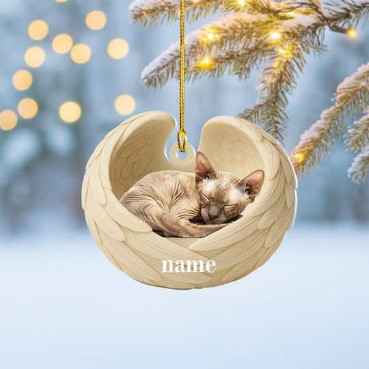 Discover Personalized Sphynx Cat Sleeping Angel Wings Ornament, Sphynx Cat Christmas Ornament Decor, Sphynx Cat Flat 2D Ornament, Cat Xmas Gift