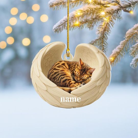 Discover Personalized Bengal Cat Sleeping Angel Wings Ornament, Bengal Cat Christmas Ornament Decor, Bengal Cat Flat 2D Ornament, Cat Xmas Gift