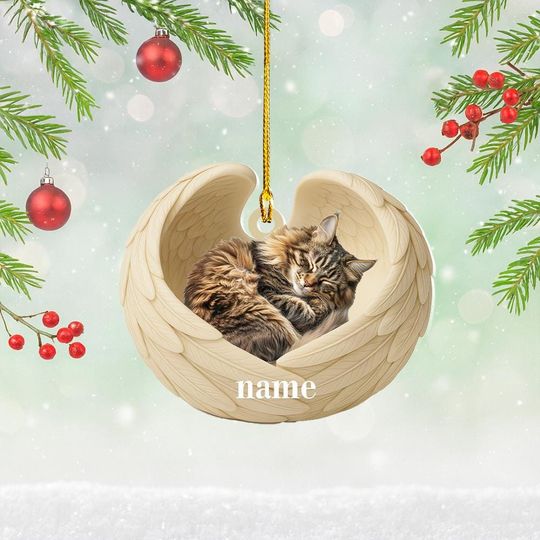 Discover Personalized Maine Coon Cat Sleeping Angel Wings Ornament, Maine Coon Cat Christmas Ornament Decor, Cat Flat 2D Ornament, Cat Xmas Gift