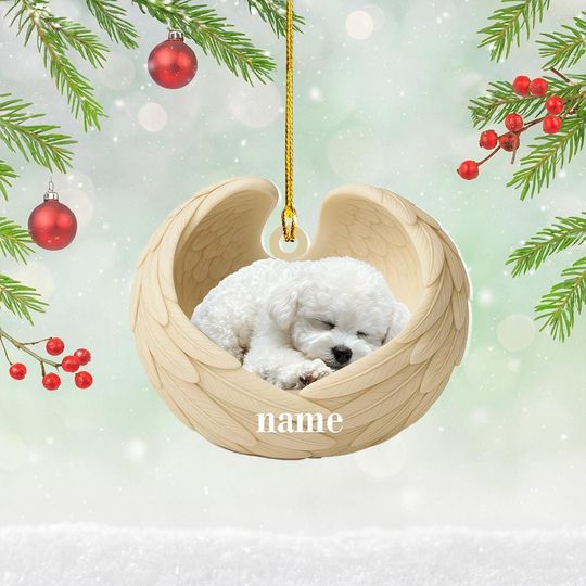 Discover Personalized Bichon Frise Dog Sleeping Angel Wings Ornament, Dog Christmas Ornament Decor, Dog Car Ornament, Dog Xmas Gift NN1-643