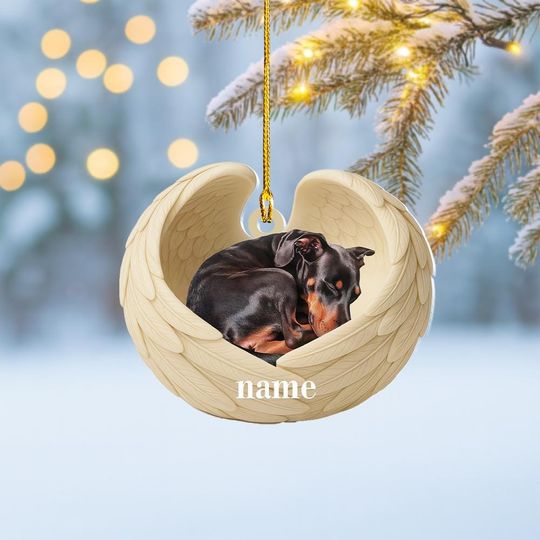 Personalized Doberman Dog Sleeping Angel Wings Ornament, Doberman Dog Christmas Ornament Decor, Dog Flat 2D Ornament, Dog Xmas Gift