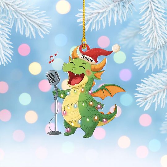 Personalized Dragon Singing Christmas Ornament, Cute Dragon 2D Flat Ornament, Gift for Musician Lover, Dragon Xmas Ornament Decor