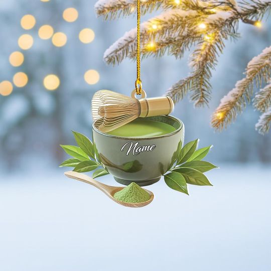 Discover Personalized Japanese Green Tea Christmas Ornament, Matcha Tea Flat 2D Ornament, Matcha Latte Ornament Decor, Matcha Tea Set Ornament