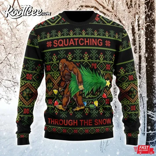 Discover Bigfoot Squatching Through The Snow Ugly Sweater