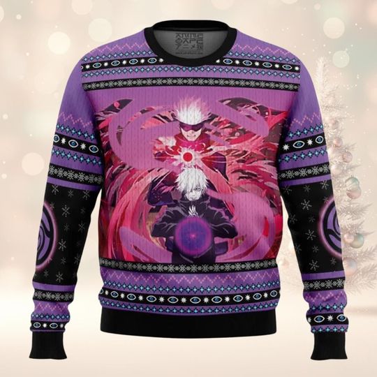 Discover Purple Cursed Energy Ugly Christmas Sweater, Six Eyes Sorcerer Holiday Crewneck, Jujutsu Anime Gift