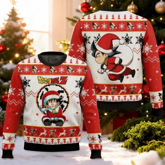 Discover Anime Warrior Santa Xmas Sweater, Japanese Manga Character Ugly Christmas Jumper, Power Level 9000 Holiday Gift, Saiyan Fan Outfit