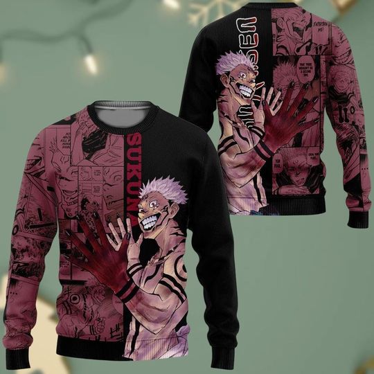 Discover Anime Ugly Christmas Sweater Anime Sweaters Sukuna Sweater Jujutsu Satoru Christmas Sweaters Men Women Sukuna Holiday Gift