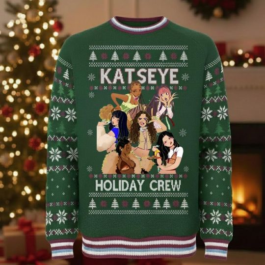 Discover KATSEYE Holiday Crew Christmas Ugly Sweater, Kpop Girl Group Winter Jumper, Festive Anime Style Pullover, Unisex Xmas Gift PSK2099
