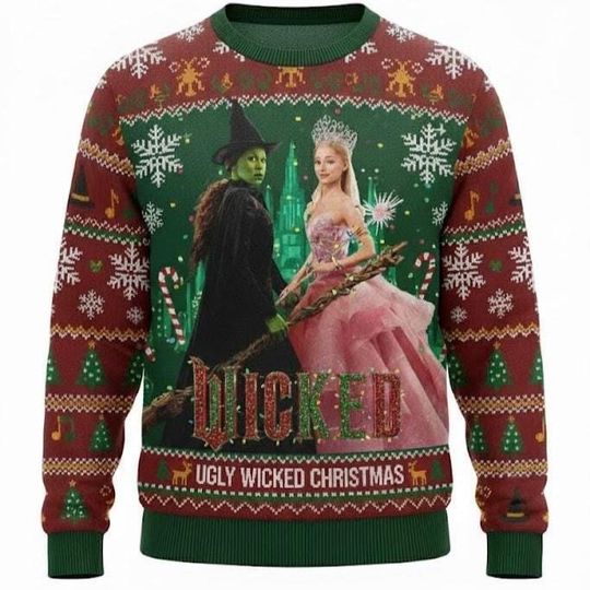 Wicked 2 Christmas Ugly Sweater, Elphaba and Glinda Holiday Jumper, Musical Movie Festive Pullover, Unisex Xmas Gift PSK2093