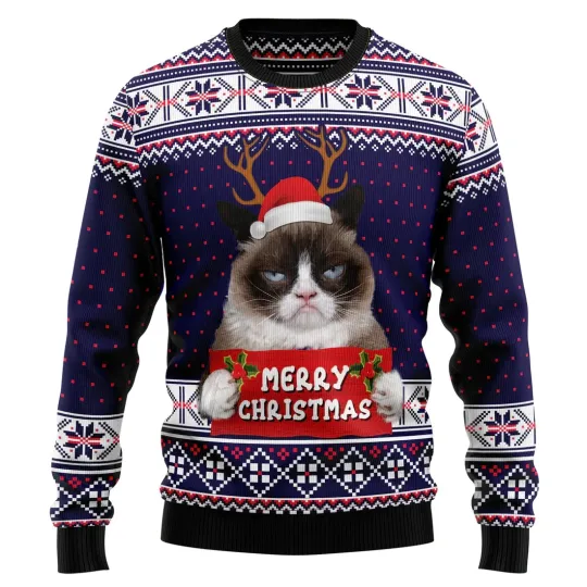 Discover Grumpy Cat Merry Christmas Xmas Santa Hat Ugly Sweater- 3D Print Ugly Sweatshirt