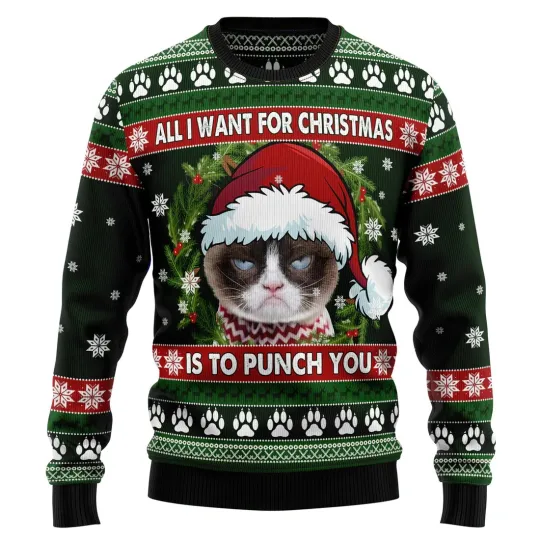 Discover Grumpy Cat Punch You Ugly Christmas Sweater - 3D Print Ugly Sweatshirt