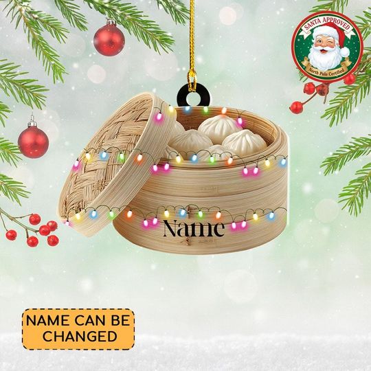 Personalized Steamed Dumplings Christmas Ornament, Dumplings Flat 2D Ornament, Dim Sum Ornament, Bamboo Steamer, Bao Siblings Basket