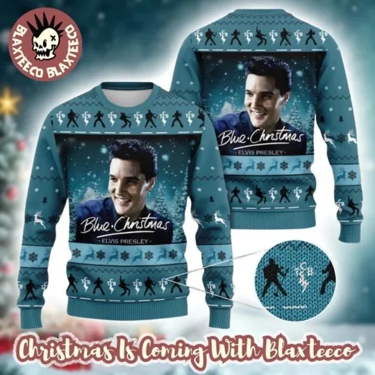 Discover Elvis Presley Blue Christmas Holiday Snowy Night Knitted Blue Ugly  Sweater