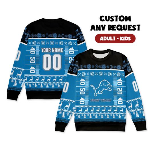 Custom Detroit Lions Christmas Sweater for Couples, Dad & Family Gifts - Black/Sky Blue