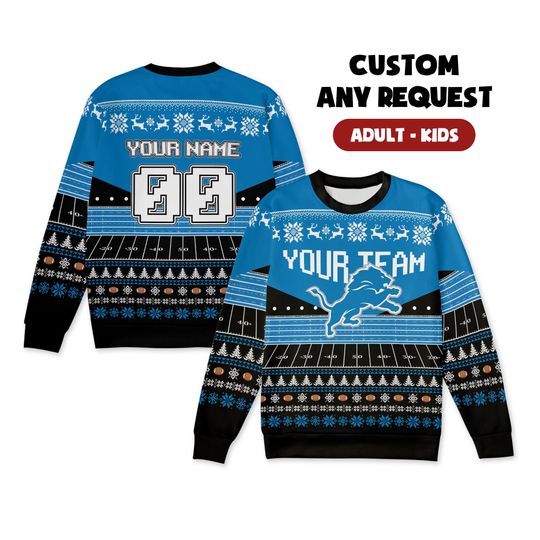 Discover Custom Detroit Lions Christmas Sweater for Couples, Dad & Family Gifts - Sky Blue/Black