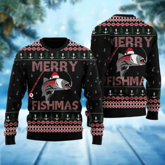 Christmas Merry Fishmas Ugly Sweater, Fishing Xmas Sweater