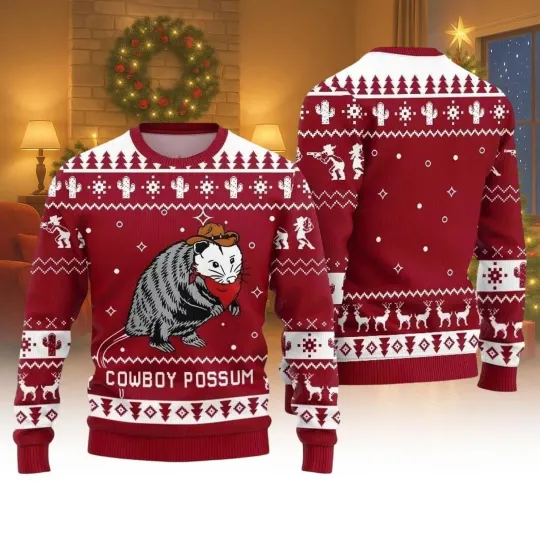 Cowboy Possum Christmas Ugly Sweater, Funny Animal Holiday - Ugly Sweatshirt