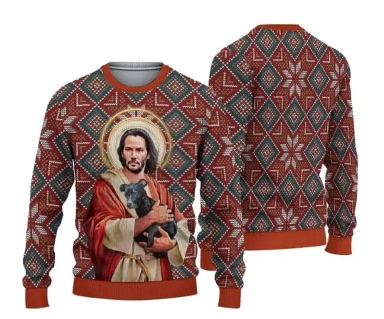 Discover Jesus Keanu Reeves With Dog Ugly Christmas Sweater