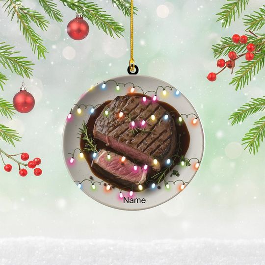 Discover Personalized Steak Christmas Ornament, Steak BBQ Grill Lover Tree Decor, Cooking Flat 2D Ornament Decor, Food Xmas Ornament Gift