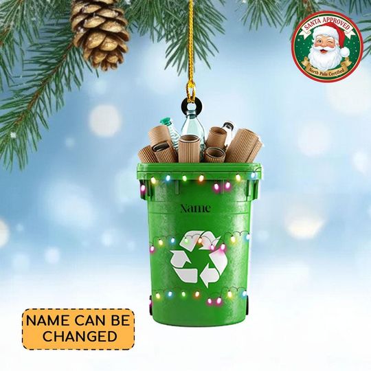 Discover Personalized Recycling Bin 2D Flat Ornament, Trash Can Christmas Tree Decoration, Garbage Bin Holiday Ornament, Recycling Xmas Gift