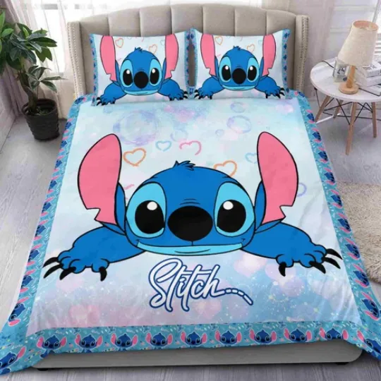 Discover Blue Stitch Cute Cartoon Bedding Set Duvet Cover Set for Double Queen Single Bed