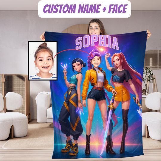 Discover Personalized Kpop Hunter Fleece Blanket with Child's Face and Name, Anime Style Girl or Demon Hunter Design