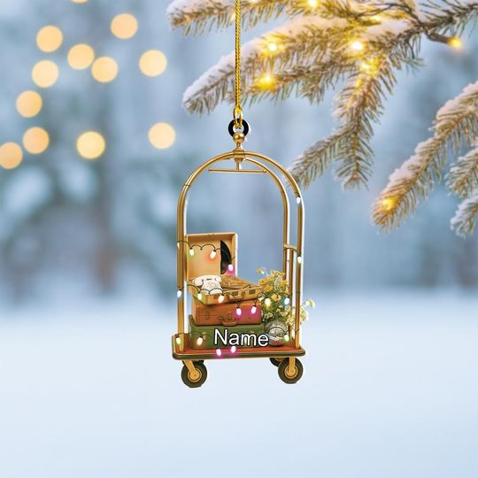 Discover Personalized Hotel Bellhop Trolley Christmas Ornament, Concierge Ornament, Hotel Doorman Ornament, Luggage Trolley Cart Ornament Thdso-1663