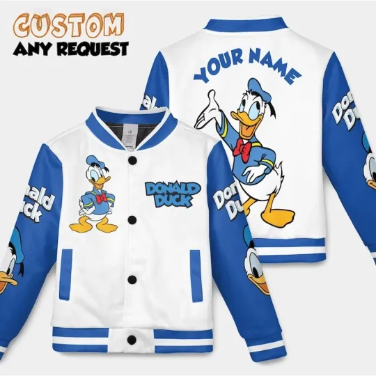 Discover Custom Name Donald Duck Mickey & Friends Cartoon Blue White Baseball Jacket