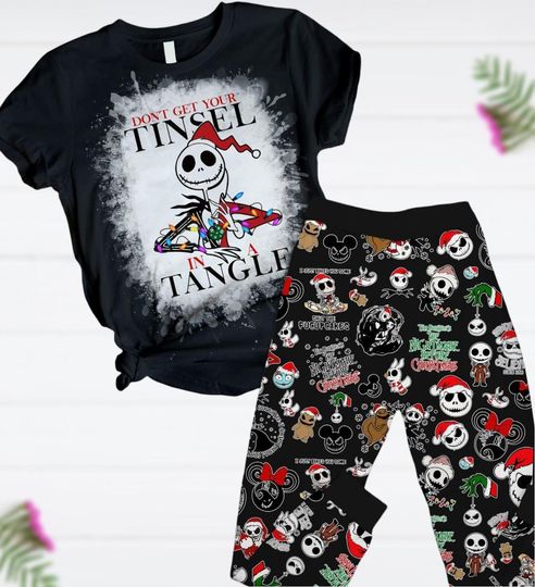 Nightmare Before Christmas Pajamas Set, Jack Skellington T-Shirt And Pants, Don't Get Your Tinsel In A Tangle Matching Family Pajamas