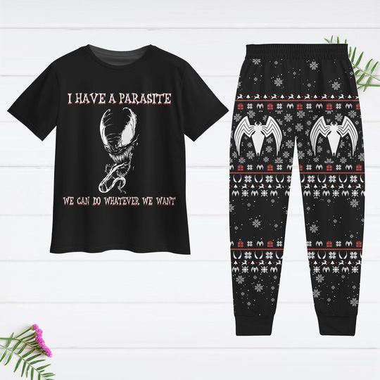 Vintage Venom Christmas Pajamas Set, Superhero Movie T-Shirt And Pants, The Symbiote Pajamas, Marvel Christmas Pajamas For Women Kids