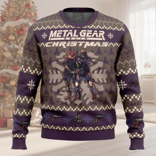 Stealth Game Ugly Christmas Sweater, Cyberpunk Holiday Sweatshirt, Solid Snake Xmas Gift, Knitted Gamer Crewneck, Action Shirt