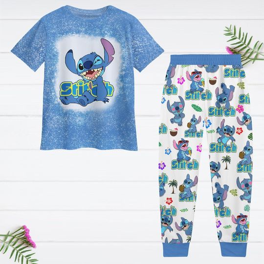 Discover Christmas Stitch Pajamas Set, Lilo And Stitch T-Shirt And Pants, Magic Kingdom, Disney Blue Dog Matching Pajamas Set, Gift For Fan