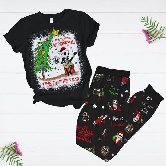 Jack Skellington Pajamas Set, Jack And Sally Pajamas, Nightmare Before Christmas Shirt Pants, It's The Most Wonderful Time Of The Year Tee