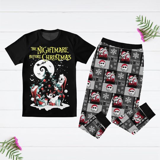 Discover Nightmare Before Christmas Pajamas Set, Jack And Sally Holiday Pajamas, Santa Claus T-Shirt And Pants, Nightmare Christmas Shirt
