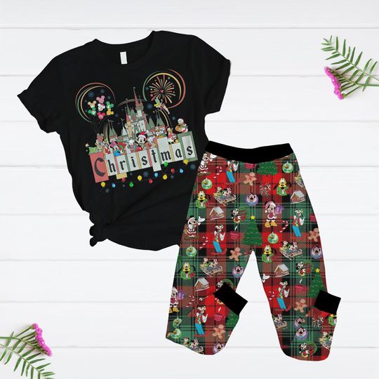 Discover Mickey And Friends Merry Christmas Pajamas Set, Disney Pajamas, Minnie Pluto Goofy Daisy Donald T-Shirt And Pants, Disneyland Trip Pjs