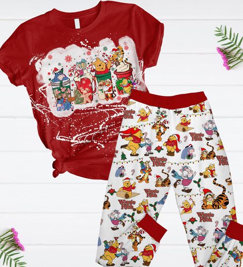 Discover Christmas Winnie The Pooh Pajamas Set, Pooh And Friends T-shirt, Pooh Pajamas Pants, Winnie The Pooh Shirt, Cartoon Christmas Pajamas