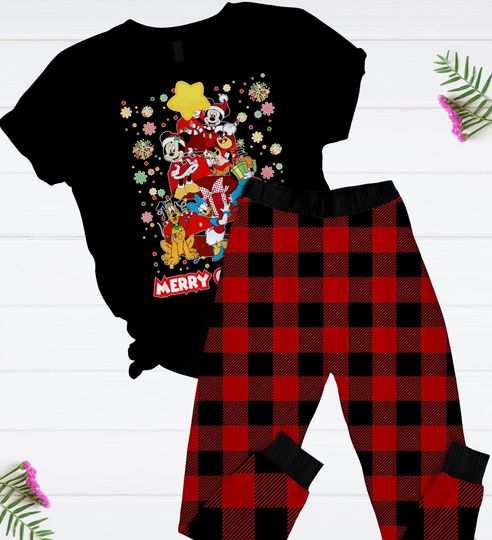 Discover Christmas Mickey And Friends Pajamas Set, Disneyland Mouse T-Shirt And Pants, Pajamas For Party, Cartoon Pjs, Minnie Pluto Goofy Tee