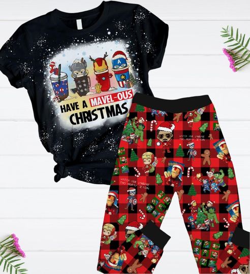 Discover Marvel Christmas Pajamas Set, Avengers Holiday Pajamas, Superhero T-Shirt And Pants, Family Pajamas For Party,Mcu Xmas Tee Gift For Fan