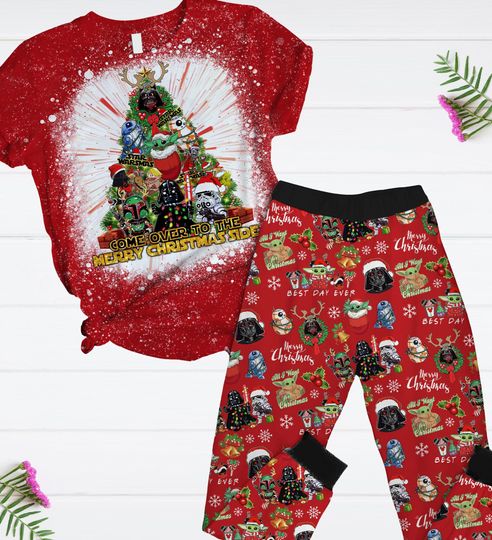 Discover Christmas Star Wars Pajamas Set, Disney Christmas T-Shirt And Pants, Mandalorian And Baby Grogu Pjs, Magic Kingdom, Gift For Fans