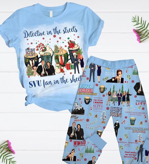 Discover Law And Order Christmas Pajamas Set, Movie Xmas Pajamas, Special Victims Units Holiday Pjs, Detective Tv Series T-Shirt And Pants
